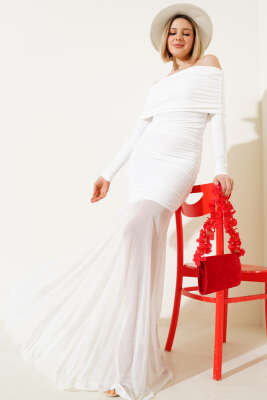 Etek Ucu Tül Büzgülü Kayık Yaka Elbise Ekru 