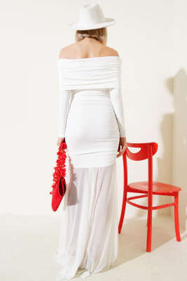 Etek Ucu Tül Büzgülü Kayık Yaka Elbise Ekru - Kadın Giyim Modelleri