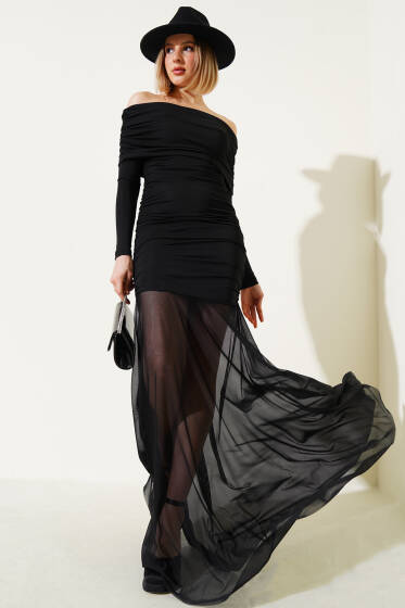 Etek Ucu Tül Büzgülü Kayık Yaka Elbise Siyah - Yeni Giyim