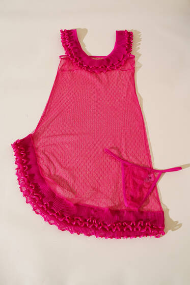 Etek Ucu Ve Omuzları Fırfırlı Fantazi Gecelik Fuşya - Fantezi İç Giyim