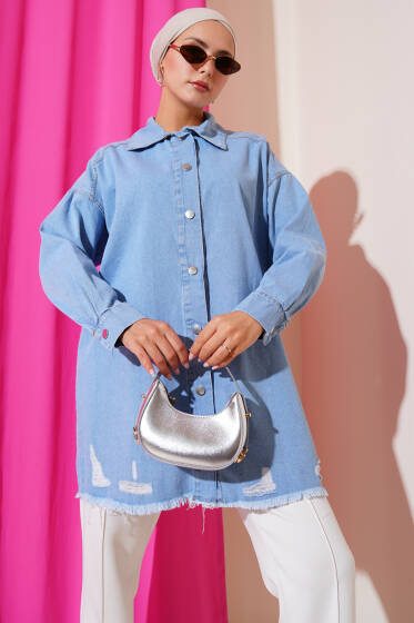 Etek Ucu Yırtık Püsküllü Kot Ceket Kot Mavisi - Ceket