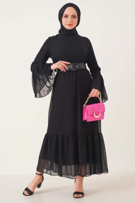 Etek ve Kol Ucu Fırfırlı Siyah Şifon Elbise - Thumbnail