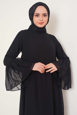 Etek ve Kol Ucu Fırfırlı Siyah Şifon Elbise - Thumbnail