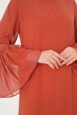 Etek ve Kol Ucu Fırfırlı Taba Şifon Elbise - Thumbnail
