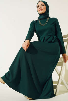 Etekleri Piliseli Elbise Zümrüt Yeşil - Thumbnail