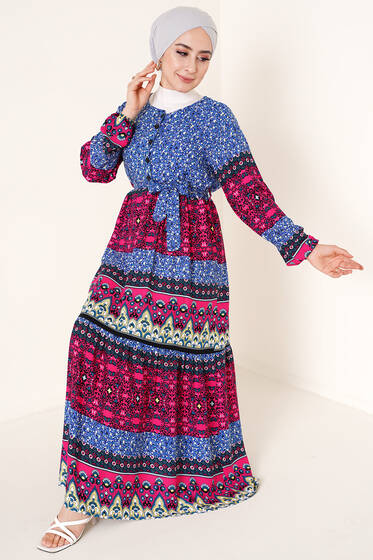 Etnik Çiçek Desenli Elbise Mavi - Tesettür Elbise