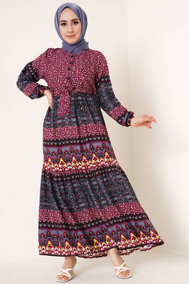 Etnik Çiçek Desenli Elbise Mürdüm - Tesettür Elbise
