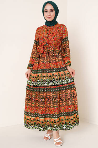 Etnik Çiçek Desenli Elbise Oranj - Tesettür Elbise