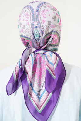 Etnik Çiçekli Soft Eşarp Mor Beyaz - Yılın Fırsatı