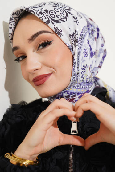 Etnik Çiçekli Soft Eşarp Siyah Mor - Başörtüsü