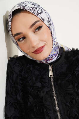 Etnik Çiçekli Soft Eşarp Siyah Mor - Yılın Fırsatı