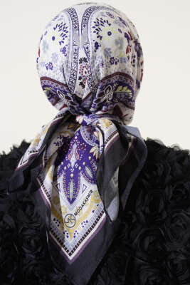 Etnik Çiçekli Soft Eşarp Siyah Mor - Yılın Fırsatı