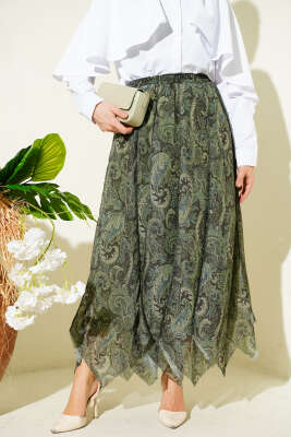 Etnik Desen Asimetrik Dikişli Şifon Etek Haki - HATUN