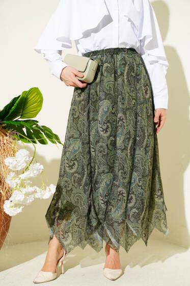 Etnik Desen Asimetrik Dikişli Şifon Etek Haki - Etek