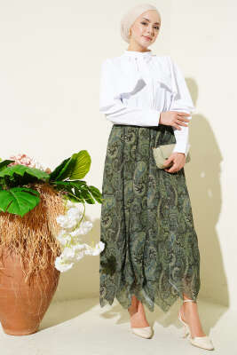 Etnik Desen Asimetrik Dikişli Şifon Etek Haki - Etek