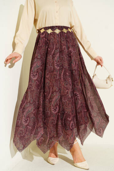 Etnik Desen Asimetrik Dikişli Şifon Etek Mürdüm - Etek