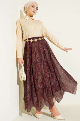 Etnik Desen Asimetrik Dikişli Şifon Etek Mürdüm - Etek