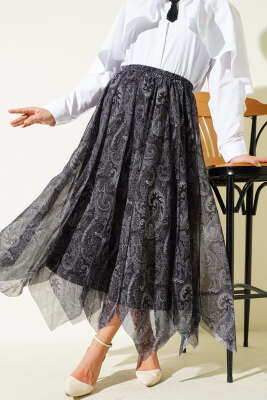 Etnik Desen Asimetrik Dikişli Şifon Etek Siyah - HATUN