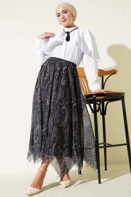 Etnik Desen Asimetrik Dikişli Şifon Etek Siyah - Etek