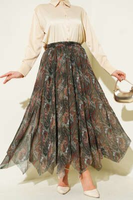 Etnik Desen Asimetrik Dikişli Şifon Etek Zümrüt - HATUN