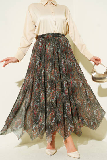 Etnik Desen Asimetrik Dikişli Şifon Etek Zümrüt - Etek