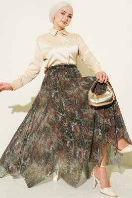 Etnik Desen Asimetrik Dikişli Şifon Etek Zümrüt - Etek