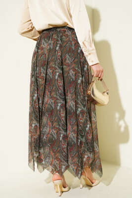 Etnik Desen Asimetrik Dikişli Şifon Etek Zümrüt - Etek