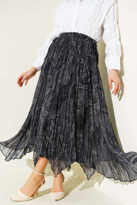 Etnik Desen Asimetrik Şifon Etek Füme - FİXAY