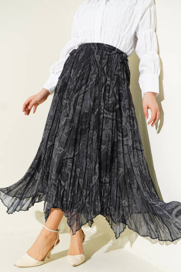 Etnik Desen Asimetrik Şifon Etek Füme - Etek