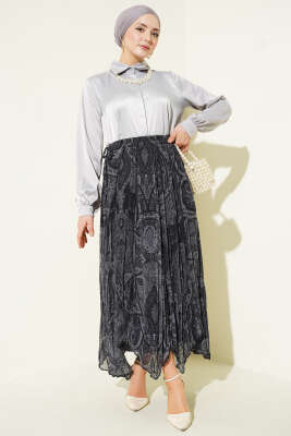 Etnik Desen Asimetrik Şifon Etek Füme - Etek