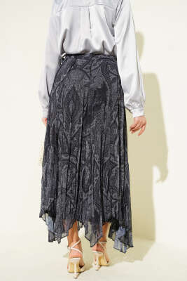 Etnik Desen Asimetrik Şifon Etek Füme - Etek