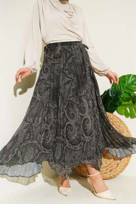 Etnik Desen Asimetrik Şifon Etek Haki - FİXAY