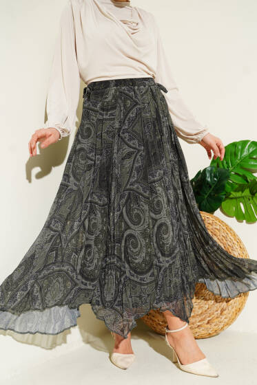 Etnik Desen Asimetrik Şifon Etek Haki - Etek