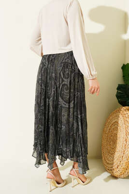 Etnik Desen Asimetrik Şifon Etek Haki - Etek