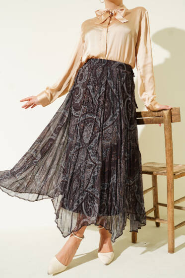 Etnik Desen Asimetrik Şifon Etek Kahve - Etek