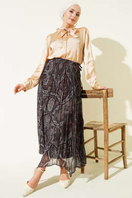 Etnik Desen Asimetrik Şifon Etek Kahve - Etek