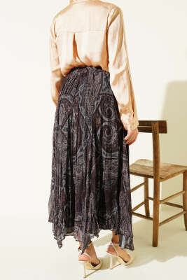 Etnik Desen Asimetrik Şifon Etek Kahve - Etek