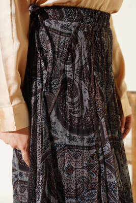 Etnik Desen Asimetrik Şifon Etek Kahve - Etek