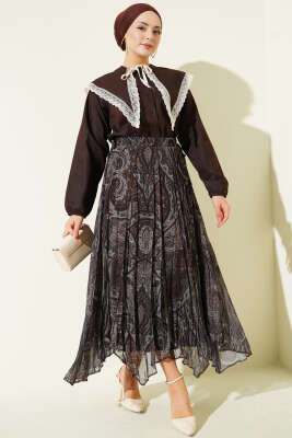 Etnik Desen Asimetrik Şifon Etek Kahve - Etek