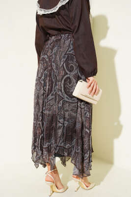 Etnik Desen Asimetrik Şifon Etek Kahve - Etek