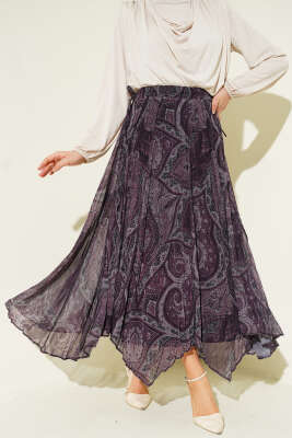 Etnik Desen Asimetrik Şifon Etek Mürdüm - FİXAY