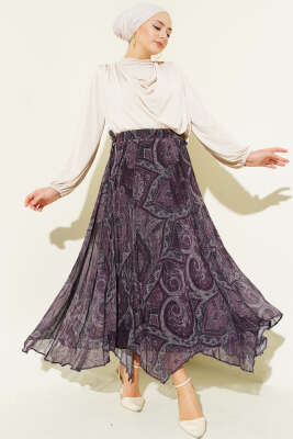 Etnik Desen Asimetrik Şifon Etek Mürdüm - Etek