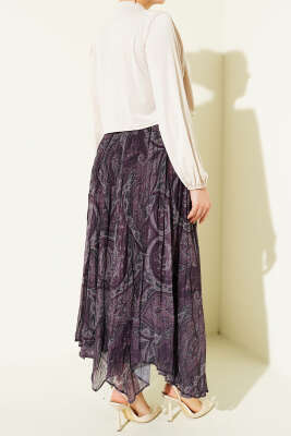 Etnik Desen Asimetrik Şifon Etek Mürdüm - Etek