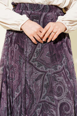 Etnik Desen Asimetrik Şifon Etek Mürdüm - Etek