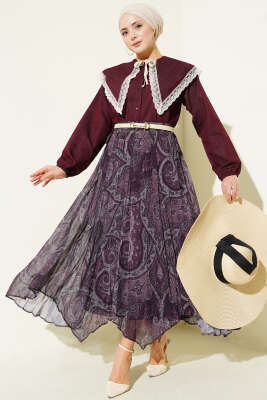 Etnik Desen Asimetrik Şifon Etek Mürdüm - Etek