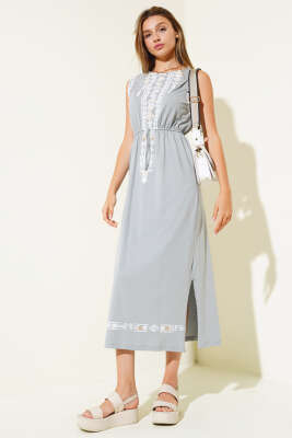 Etnik Desen Bel Lastikli Elbise Kayrak Grisi - ADYES