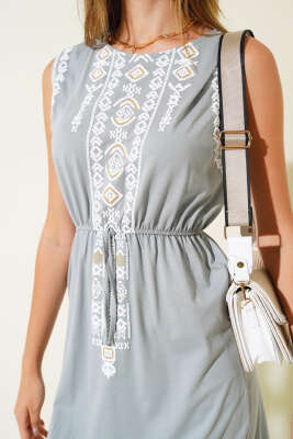 Etnik Desen Bel Lastikli Elbise Kayrak Grisi - Kadın Giyim Modelleri