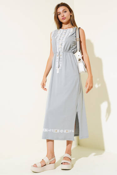 Etnik Desen Bel Lastikli Elbise Kayrak Grisi - Yeni Giyim