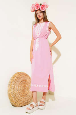 Etnik Desen Bel Lastikli Elbise Pembe - Kadın Giyim Modelleri