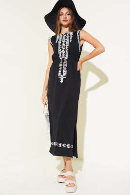 Etnik Desen Bel Lastikli Elbise Siyah - ADYES